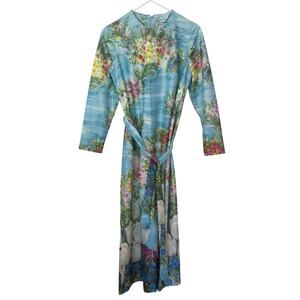 Vintage 70s Lorac Original Belted Watercolor Floral Maxi Dress Size 14 1/2